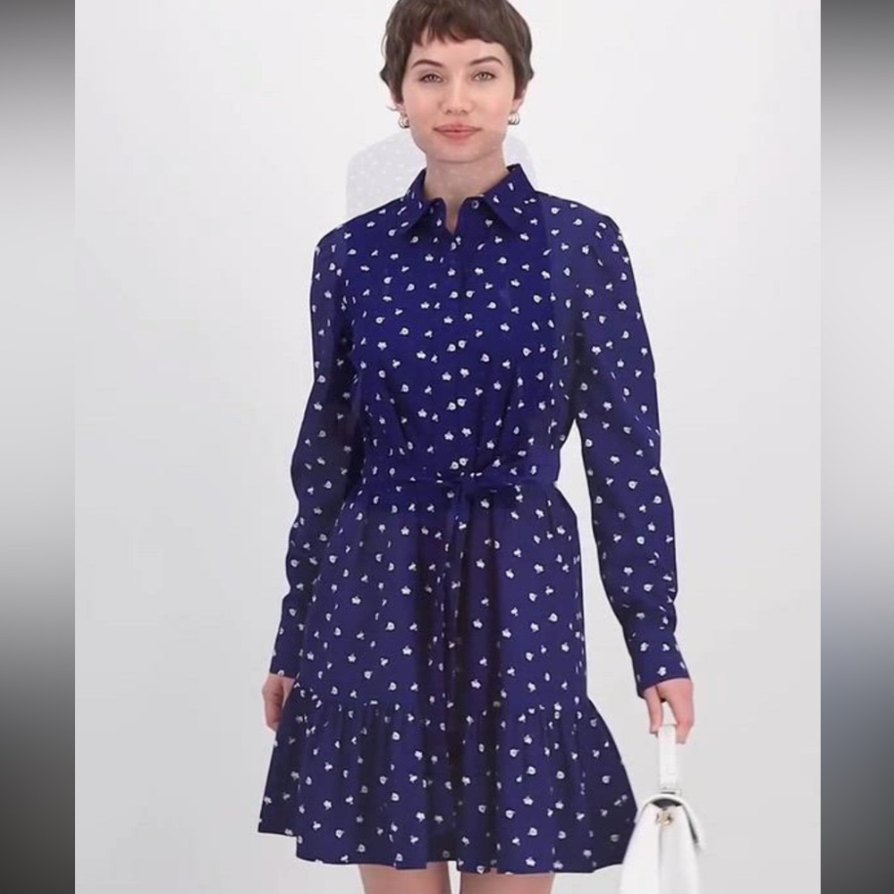 On 34th Dress - Navy/White Long Sleeve Printed Shitt Dress w/Ruffle Hem